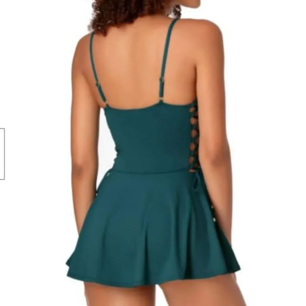 Anne Cole Women's 20SD61301 Ocean Blue Scoop Neck Side Lace Up Swim Dress Size 6 - Picture 2 of 4